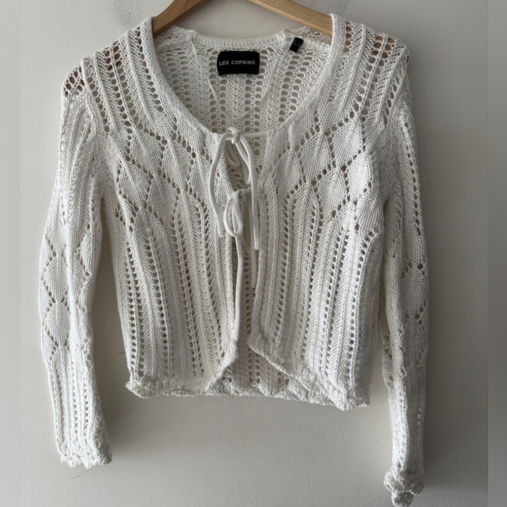 Les Copains White Crochet Pointelle‎ Tie Front Sweater